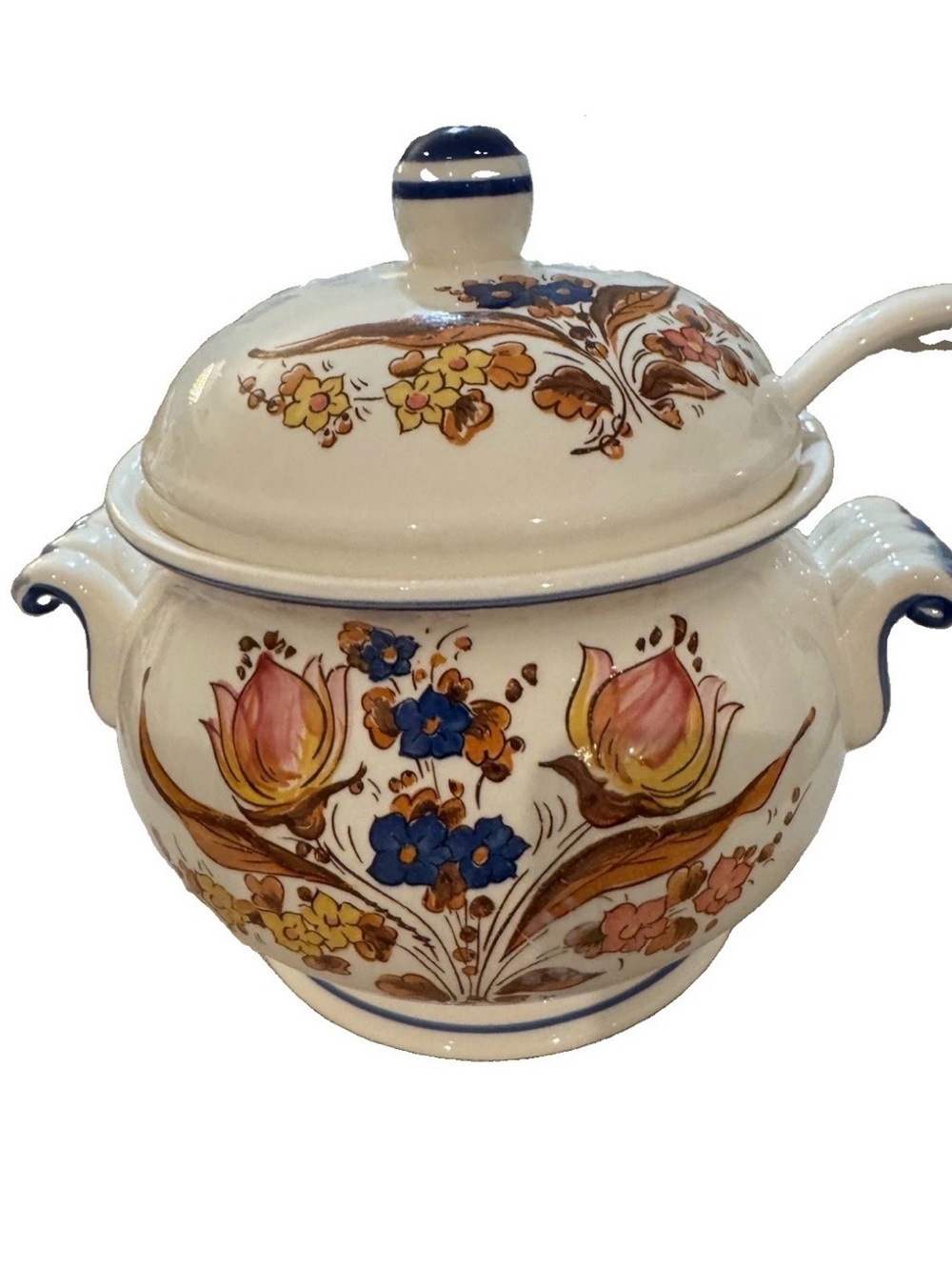 Vintage Soup Tureen, White with Handpainted Flowers, Blue Trim, with ladel